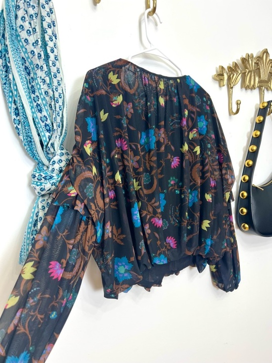 Free People Tops - Free People Black Floral Sheer Peasant Blouse with Turquoise & Pink Accents